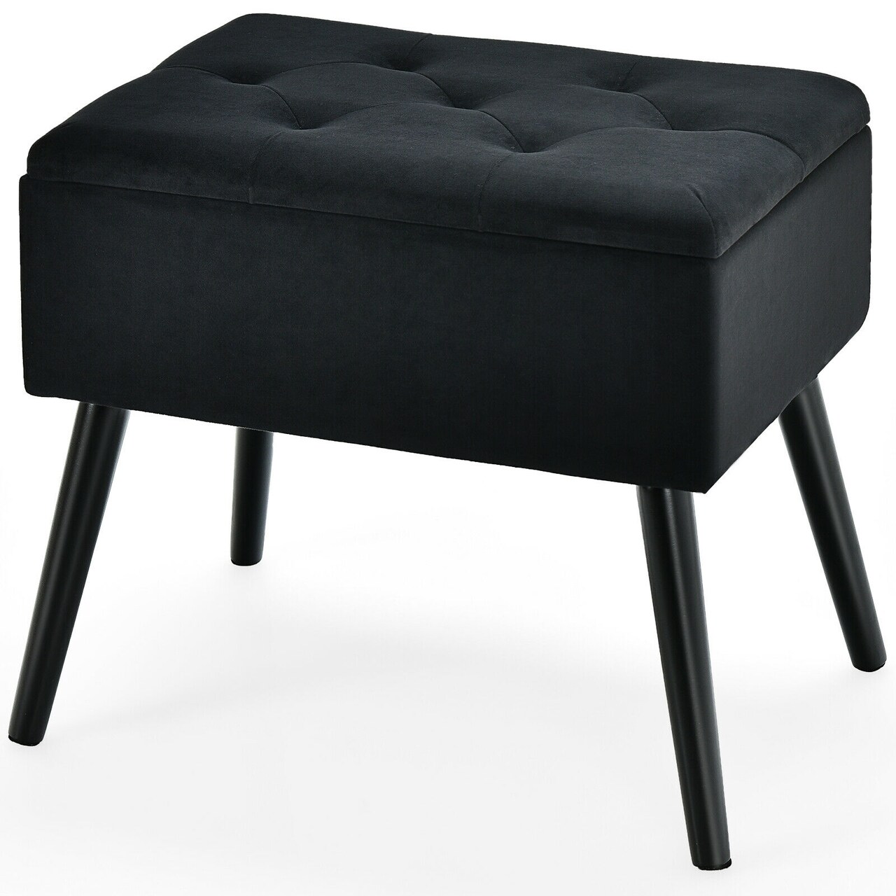 Black Velvet Storage Ottoman with Thick Cushion and Solid Wood Legs